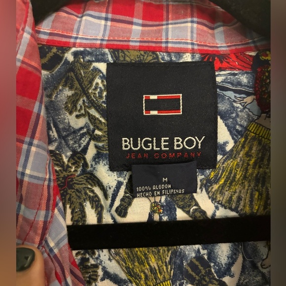 Y2K Bugle Boy Vintage Plaid Shirt Denim Pocket Button Up Red Blue Medium - Picture 5 of 13